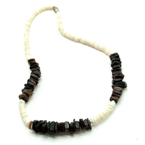 Puka Shell Necklace White Black Brown Chips  Barrel Screw Clasp 16" - Picture 3 of 9
